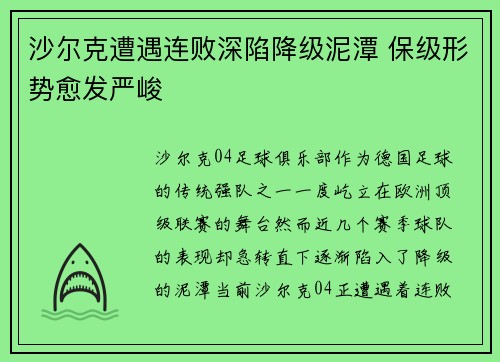 沙尔克遭遇连败深陷降级泥潭 保级形势愈发严峻